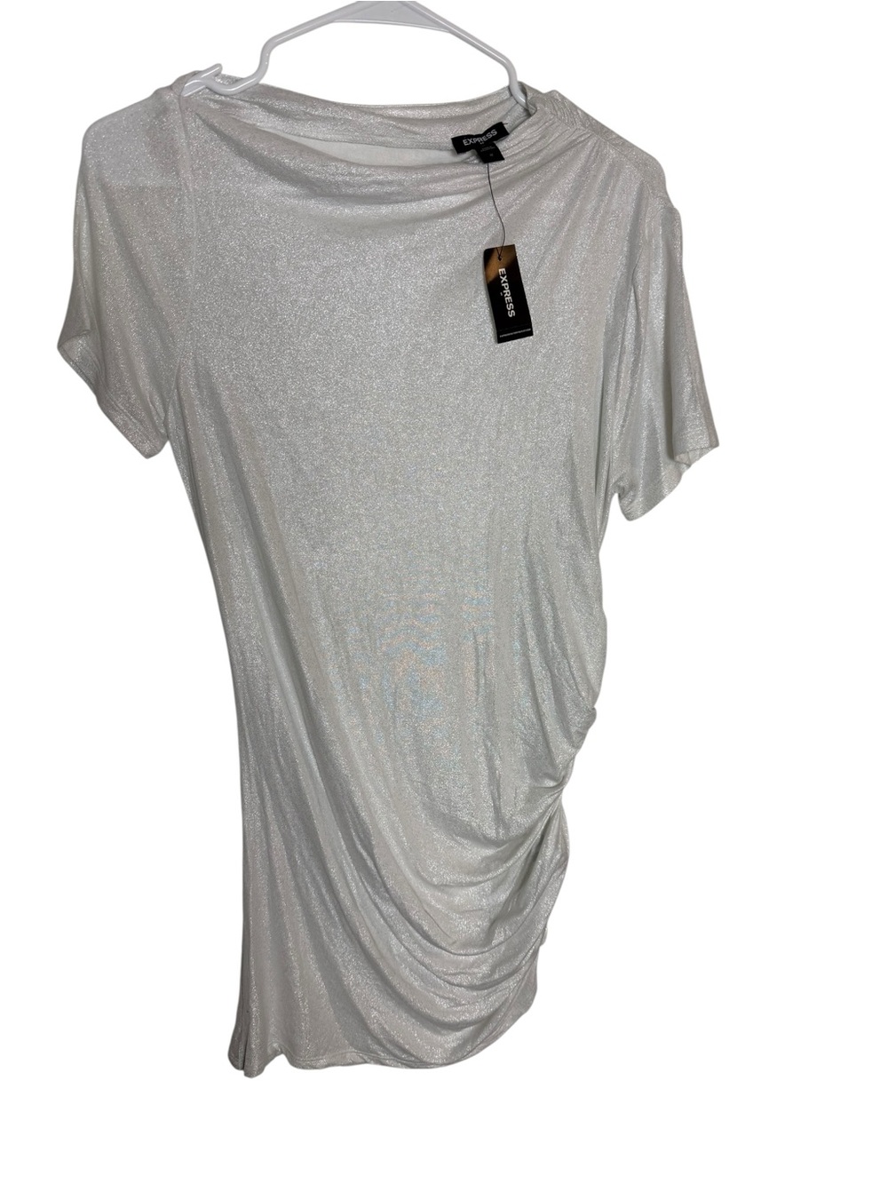 Express Silver Shimmery Drape Short Sleeve Blouse - Picture 2 of 6